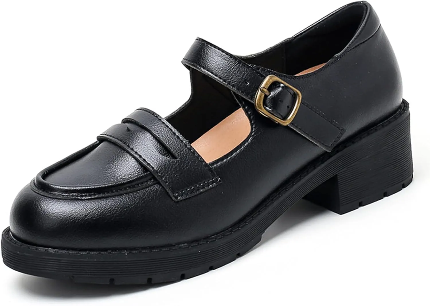 Women's Vintage Mary Jane Loafers Spring/Autumn Hollow Out Buckle Thick Sole Single Shoes Leather