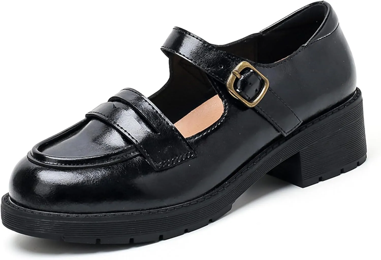 Women's Vintage Mary Jane Loafers Spring/Autumn Hollow Out Buckle Thick Sole Single Shoes Leather
