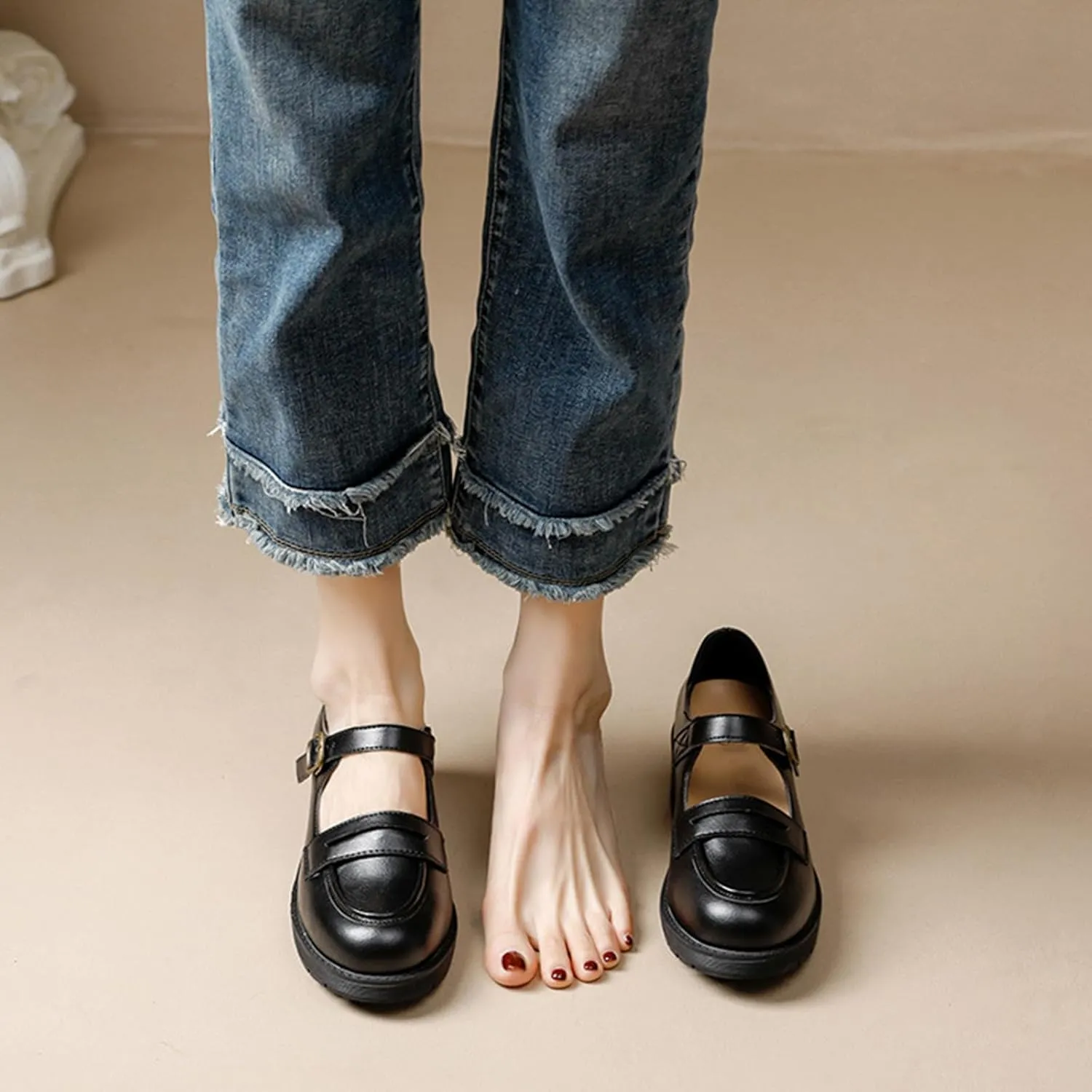 Women's Vintage Mary Jane Loafers Spring/Autumn Hollow Out Buckle Thick Sole Single Shoes Leather