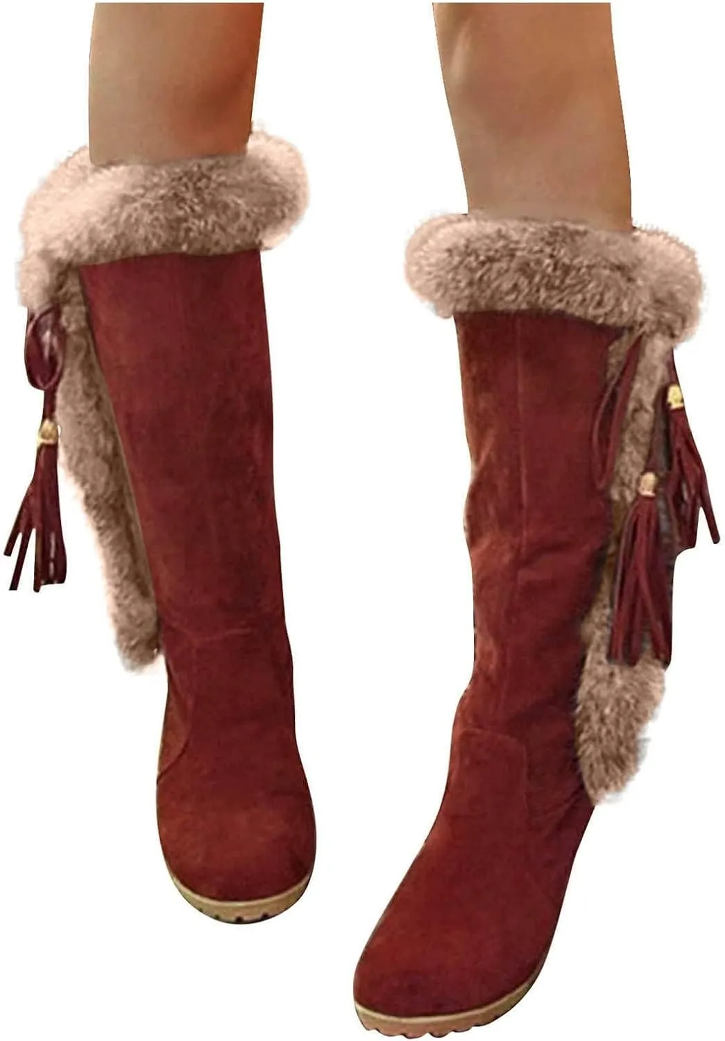 Women's Winter Warm Outdoor Mid Calf Boots High Heels Wedge Snow Bootie Faux Fur Comfortable Knee High Fuzzy Boots