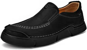Yuizko Men's Leather Slip-On Casual Loafers Hand Stitching Wide Toe Soft Non-Slip Flat Work Office Walking Driving Shoes