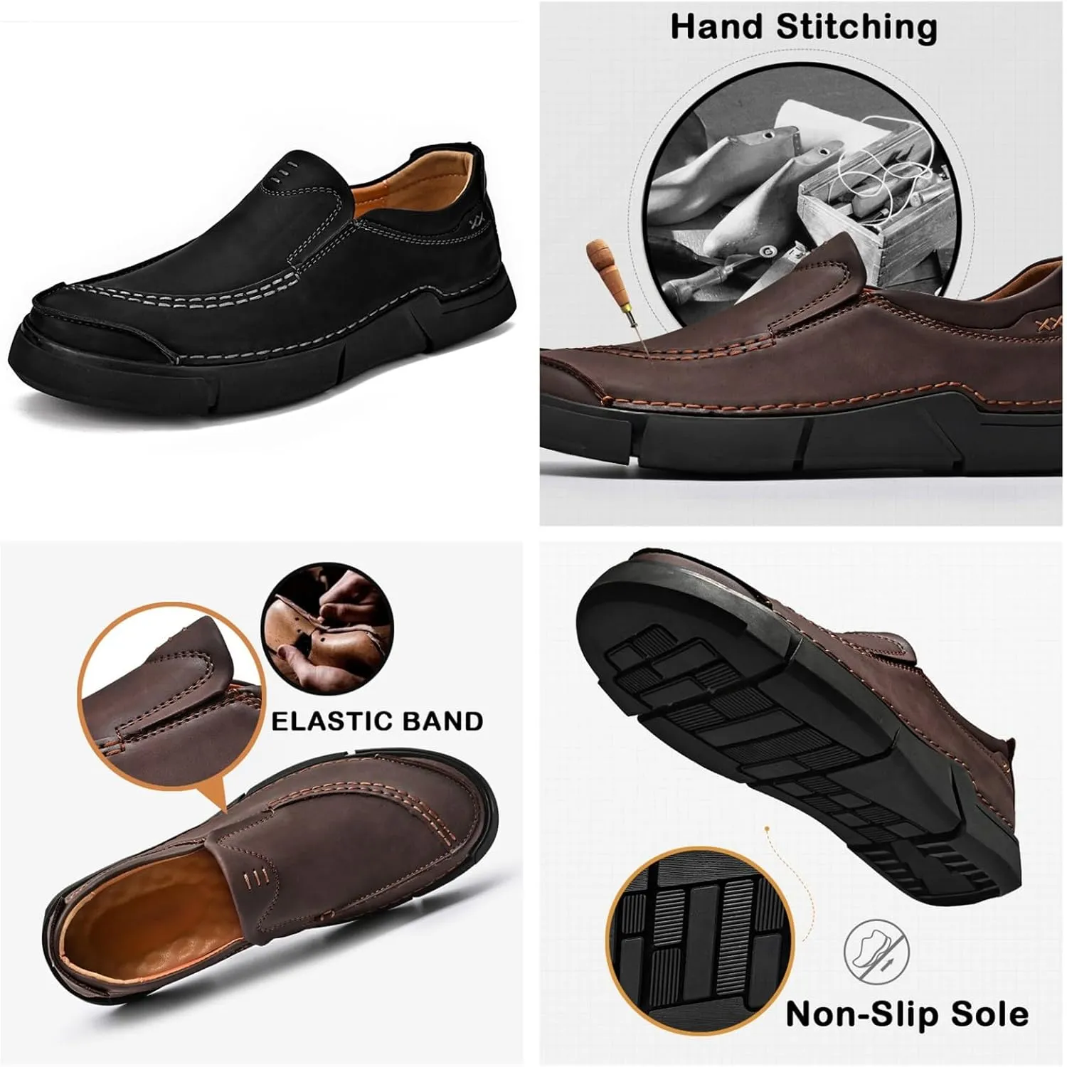 Yuizko Men's Leather Slip-On Casual Loafers Hand Stitching Wide Toe Soft Non-Slip Flat Work Office Walking Driving Shoes