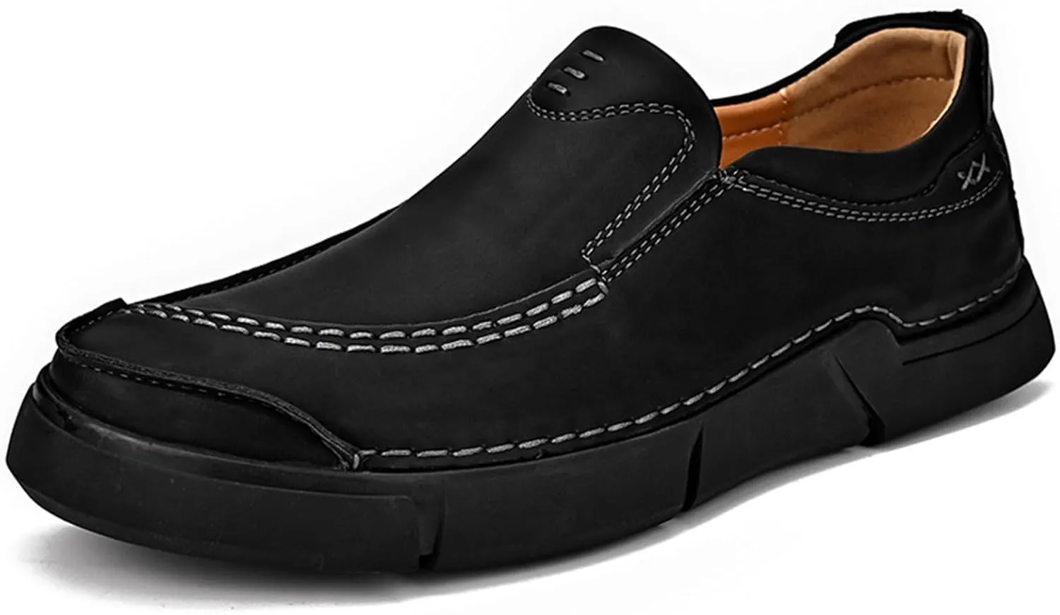 Yuizko Men's Leather Slip-On Casual Loafers Hand Stitching Wide Toe Soft Non-Slip Flat Work Office Walking Driving Shoes