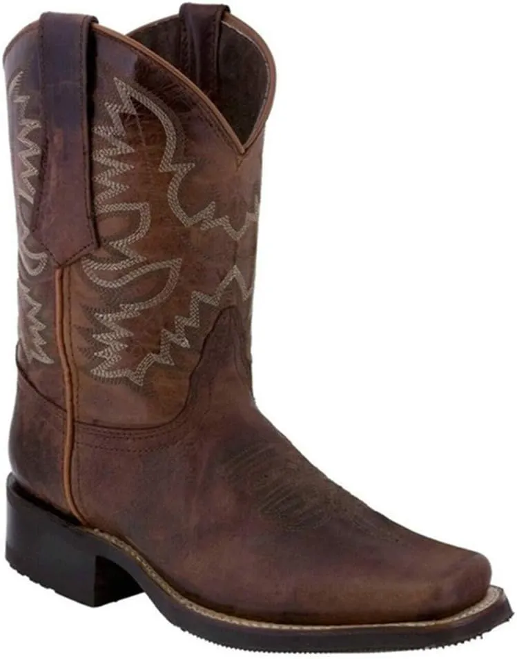 ZBYY Women's Wide Calf Western Cowboy Boots Square Toe Leather Boots Embroidered Slip On Low Heeled Mid Calf Boots
