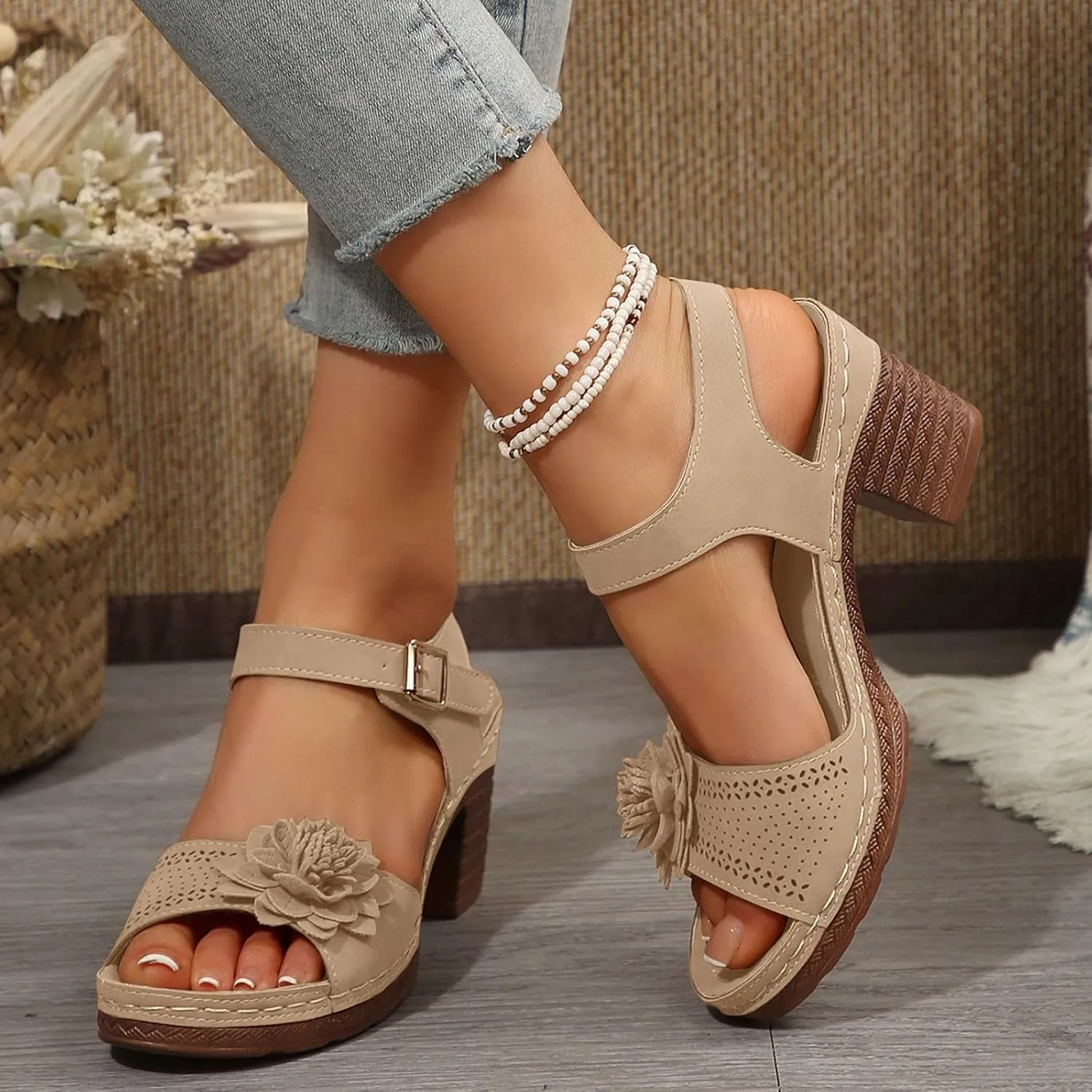 ZSpzx Summer Sandals For Women 2025,Women's Chunky Block Mid Heels Platform Women's Open Toe Ankle Strap Low Dress Shoes Fish Mouth Straps Hollow Out Flowers Comfortable Adjustable Sandal