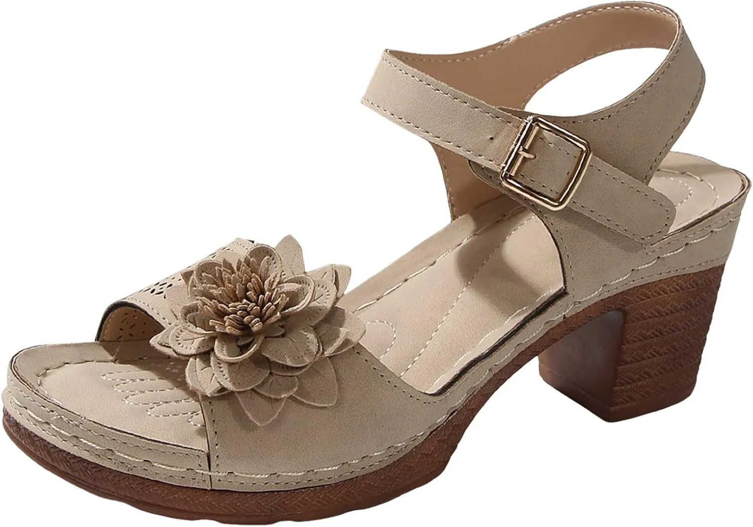 ZSpzx Summer Sandals For Women 2025,Women's Chunky Block Mid Heels Platform Women's Open Toe Ankle Strap Low Dress Shoes Fish Mouth Straps Hollow Out Flowers Comfortable Adjustable Sandal
