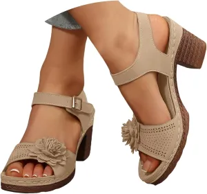 ZSpzx Summer Sandals For Women 2025,Women's Chunky Block Mid Heels Platform Women's Open Toe Ankle Strap Low Dress Shoes Fish Mouth Straps Hollow Out Flowers Comfortable Adjustable Sandal