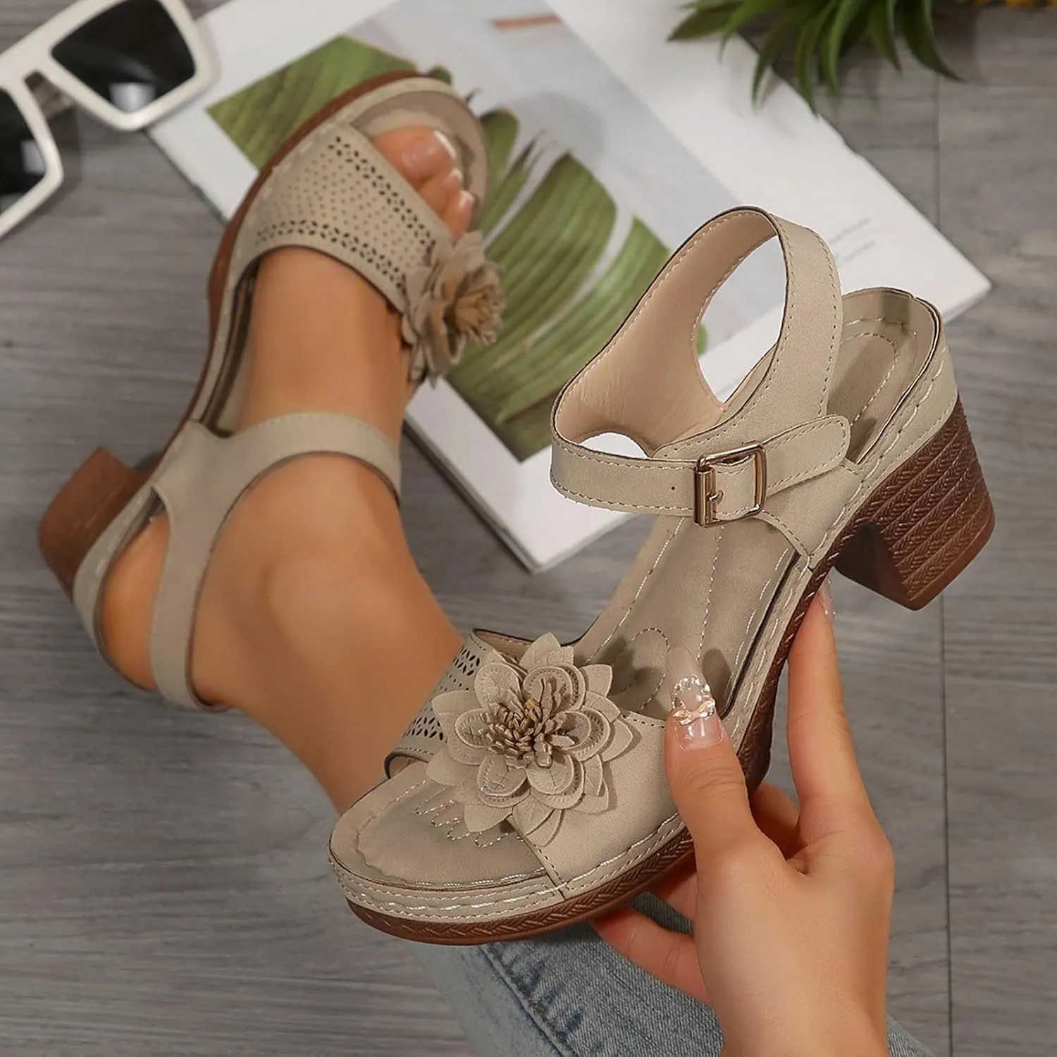 ZSpzx Summer Sandals For Women 2025,Women's Chunky Block Mid Heels Platform Women's Open Toe Ankle Strap Low Dress Shoes Fish Mouth Straps Hollow Out Flowers Comfortable Adjustable Sandal