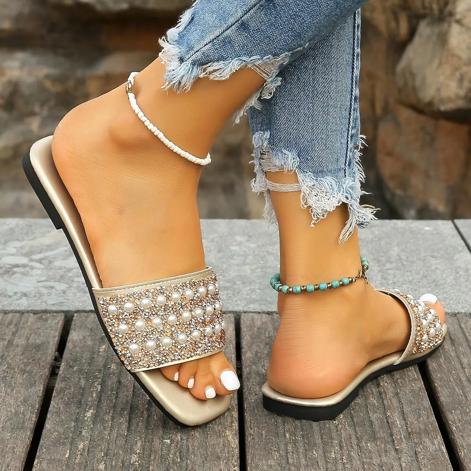 ZSpzx Women's Flat Sandals Fashion Slides Soft Leather Slippers for Summer Rhinestone For Women Dressy Womens Comfortable Flip Flops Slide Beach Slip On Casual Indoor Outdoor Walking Wedding Shoes