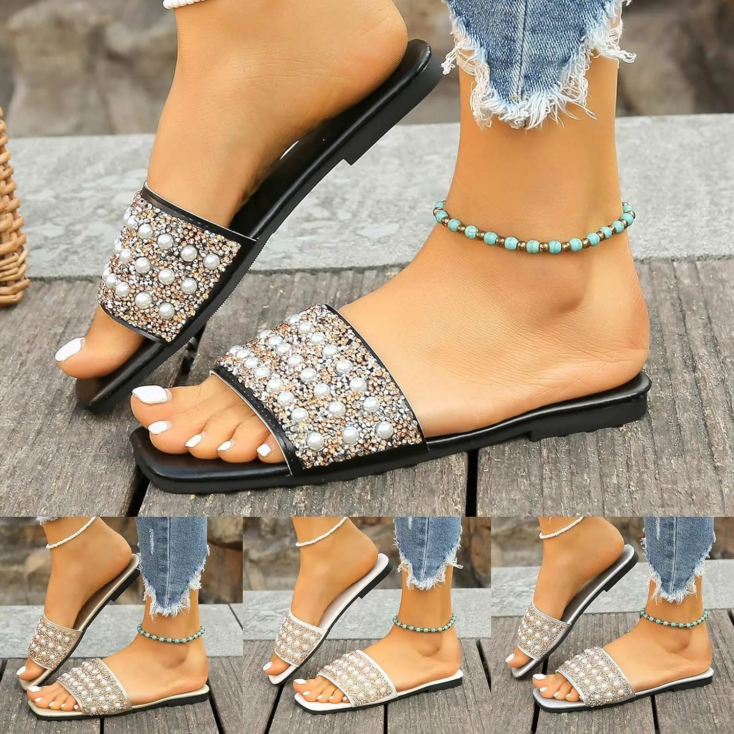 ZSpzx Women's Flat Sandals Fashion Slides Soft Leather Slippers for Summer Rhinestone For Women Dressy Womens Comfortable Flip Flops Slide Beach Slip On Casual Indoor Outdoor Walking Wedding Shoes