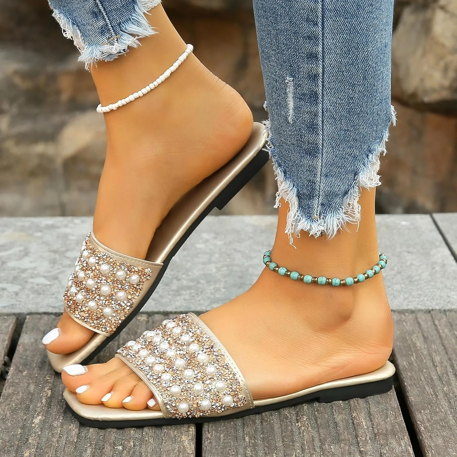 ZSpzx Women's Flat Sandals Fashion Slides Soft Leather Slippers for Summer Rhinestone For Women Dressy Womens Comfortable Flip Flops Slide Beach Slip On Casual Indoor Outdoor Walking Wedding Shoes