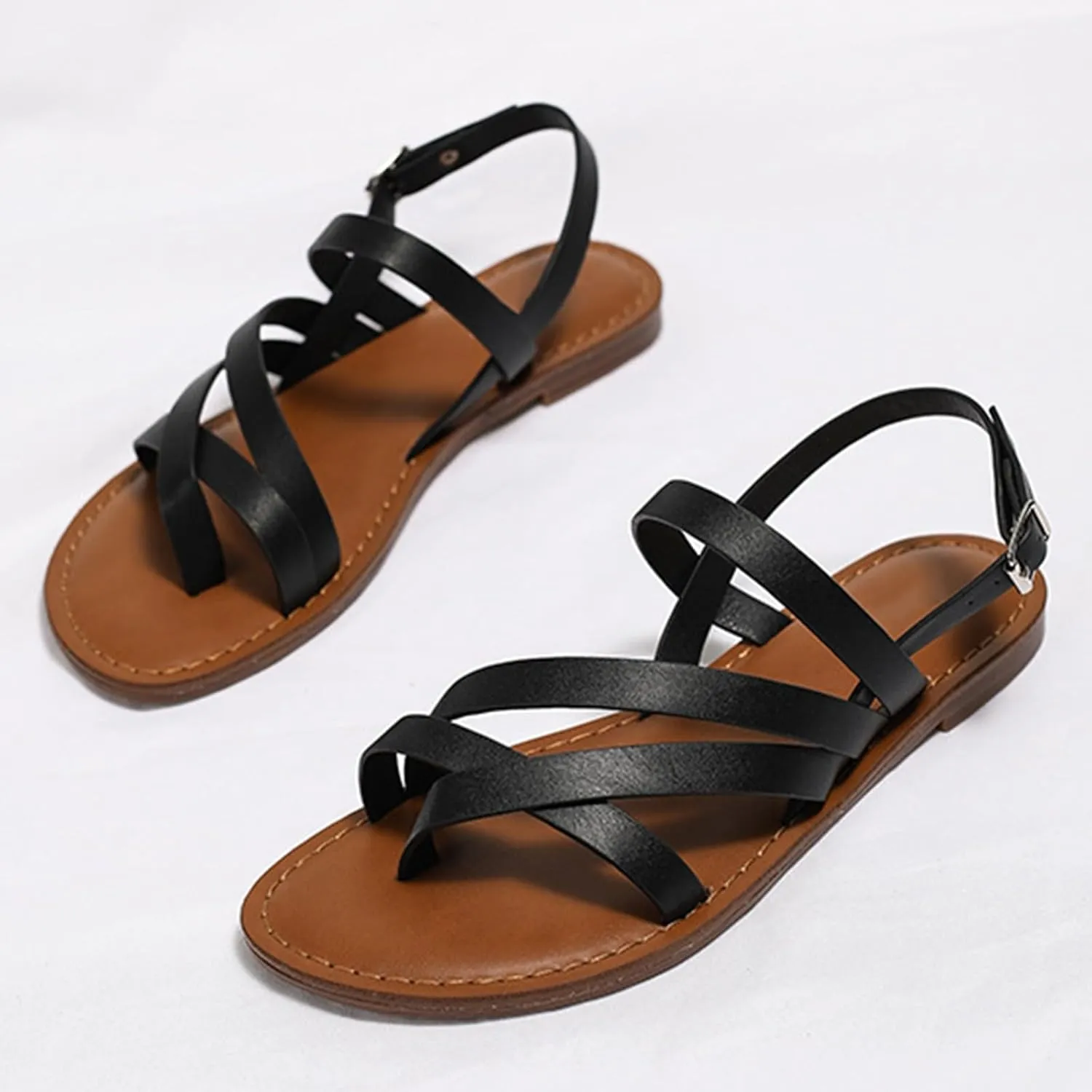 ZSpzx Women's Flat Sandals Faux Leather Ankle Strap Comfortable Sandal Open Toes Beach Sandals For Woman Summer Dressy Toe Casual Strappy Slides Cute Walking Beach Bohe Flip Flops for Daily Wear