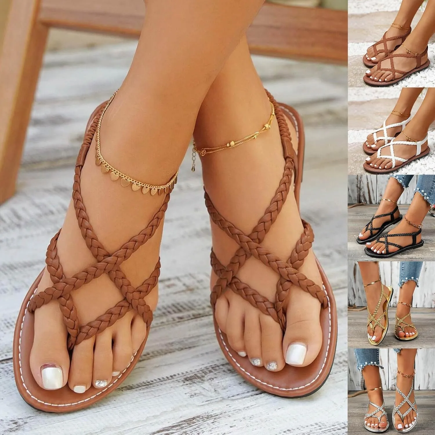 ZSpzx Women's Flat Sandals Strappy Elastic Strap Dressy Summer Cute Comfortable Open Toe Walking Beach Casual Bohe Flip Flops Women Comfort CrissCross Slide Outdoor Wedding Shoes For Bride