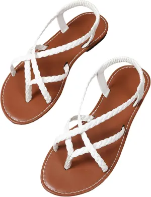 ZSpzx Women's Flat Sandals Strappy Elastic Strap Dressy Summer Cute Comfortable Open Toe Walking Beach Casual Bohe Flip Flops Women Comfort CrissCross Slide Outdoor Wedding Shoes For Bride