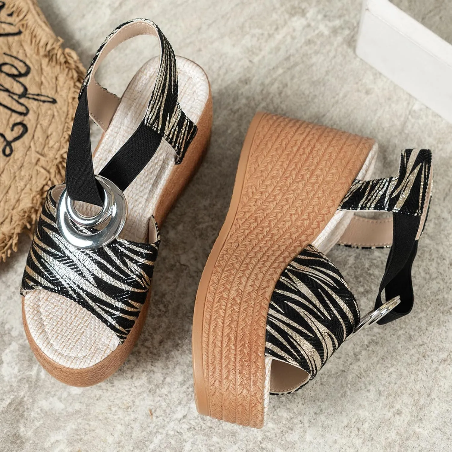 ZSpzx Women's Orthopedic High Heels Wedge Sandals For Women Platform Ankle Strap Open Toe Comfortable Summer Shoes Wedges Womens Dress Sexy Metal Casual Suede Leather Beach Boho Outdoor Sandal