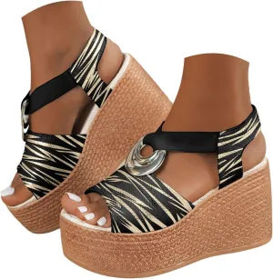 ZSpzx Women's Orthopedic High Heels Wedge Sandals For Women Platform Ankle Strap Open Toe Comfortable Summer Shoes Wedges Womens Dress Sexy Metal Casual Suede Leather Beach Boho Outdoor Sandal