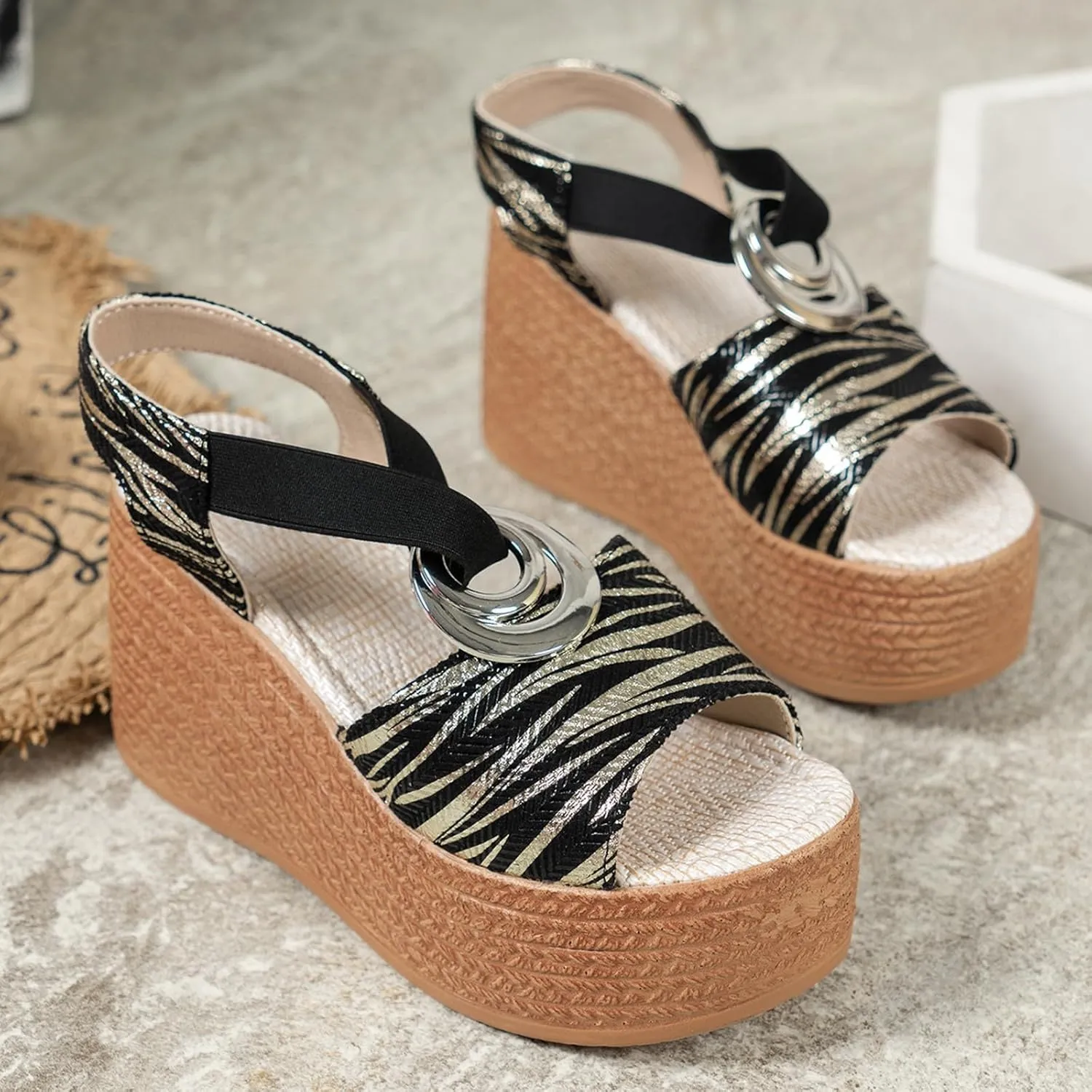 ZSpzx Women's Orthopedic High Heels Wedge Sandals For Women Platform Ankle Strap Open Toe Comfortable Summer Shoes Wedges Womens Dress Sexy Metal Casual Suede Leather Beach Boho Outdoor Sandal