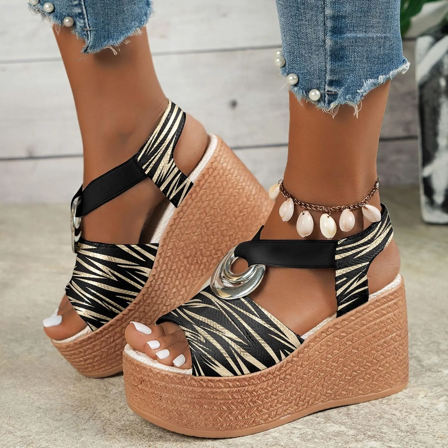 ZSpzx Women's Orthopedic High Heels Wedge Sandals For Women Platform Ankle Strap Open Toe Comfortable Summer Shoes Wedges Womens Dress Sexy Metal Casual Suede Leather Beach Boho Outdoor Sandal
